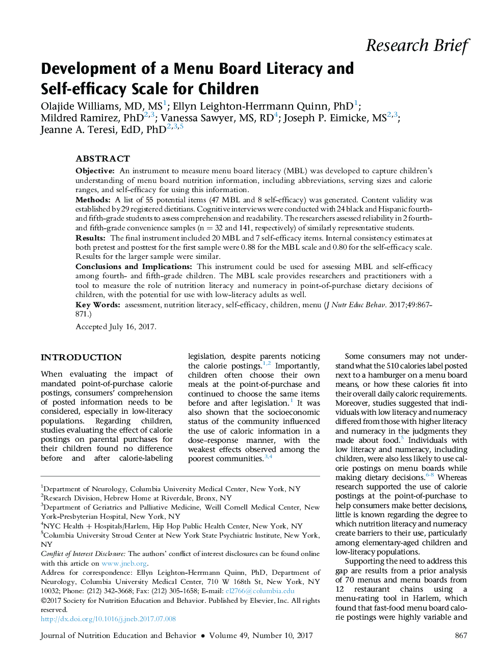 Development of a Menu Board Literacy and Self-efficacy Scale for Children