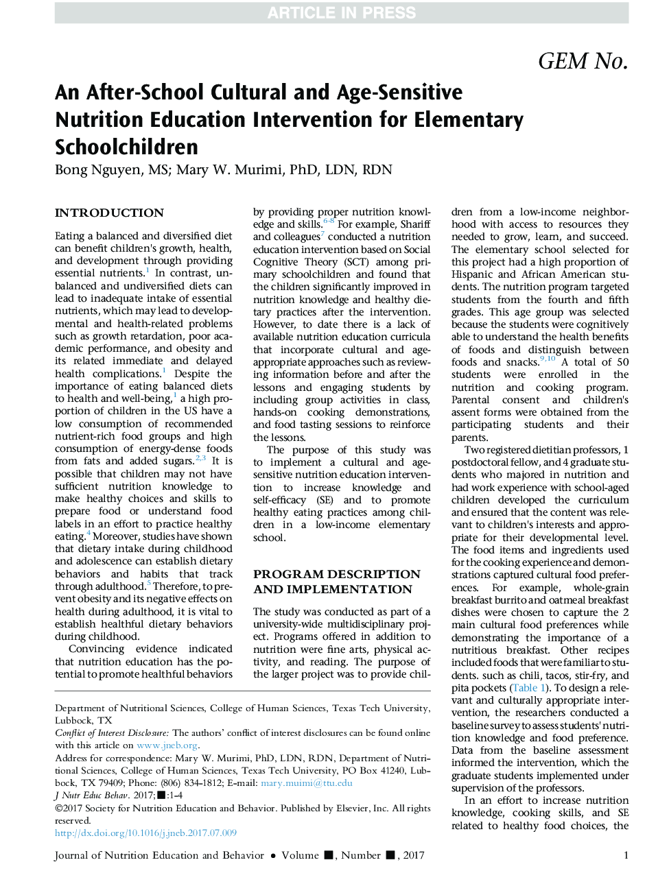 An After-School Cultural and Age-Sensitive Nutrition Education Intervention for Elementary Schoolchildren