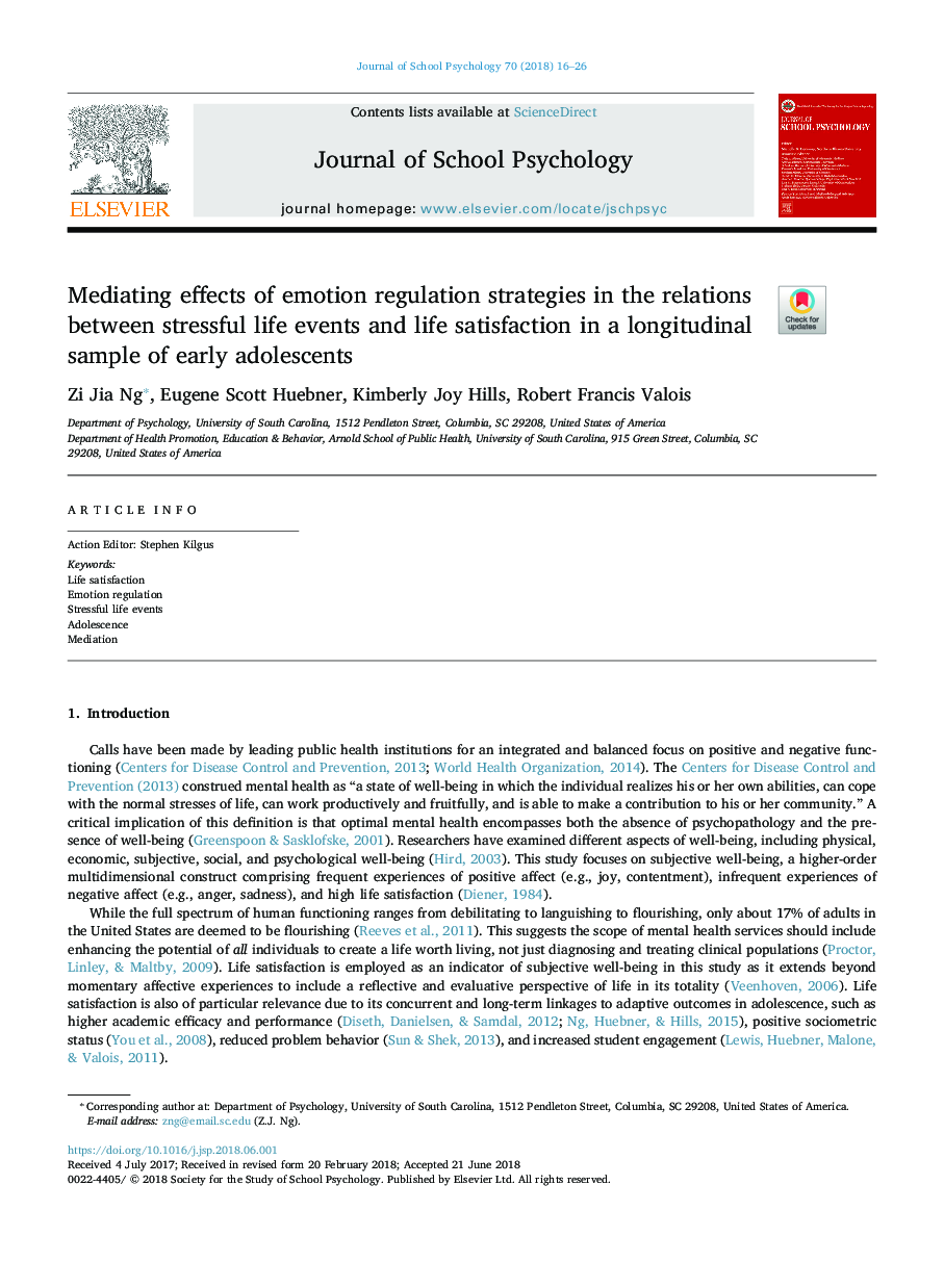 Mediating effects of emotion regulation strategies in the relations between stressful life events and life satisfaction in a longitudinal sample of early adolescents