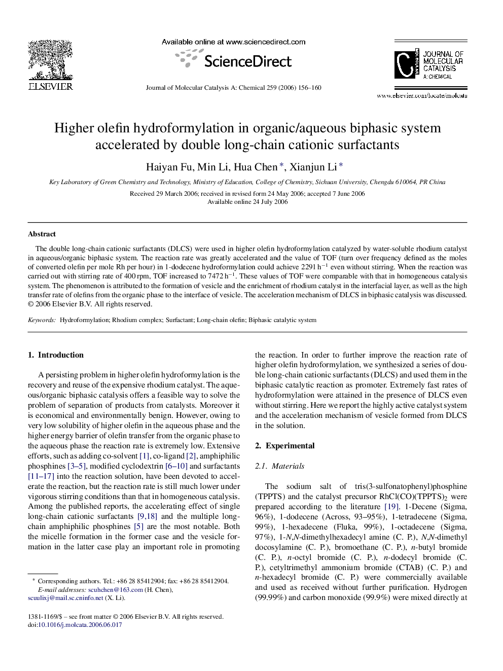 Higher olefin hydroformylation in organic/aqueous biphasic system accelerated by double long-chain cationic surfactants