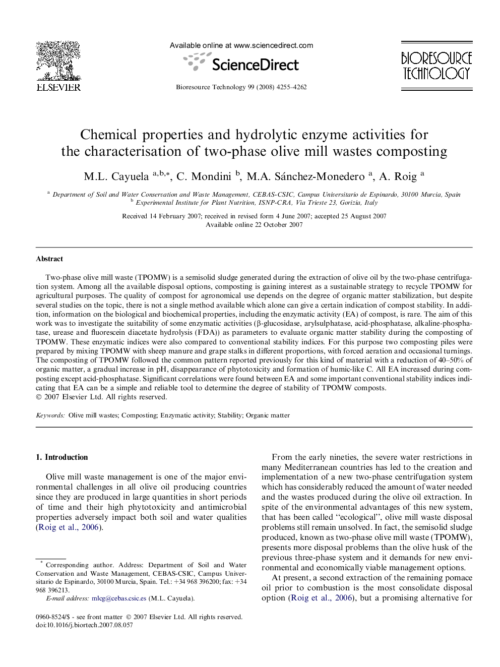 Chemical properties and hydrolytic enzyme activities for the characterisation of two-phase olive mill wastes composting