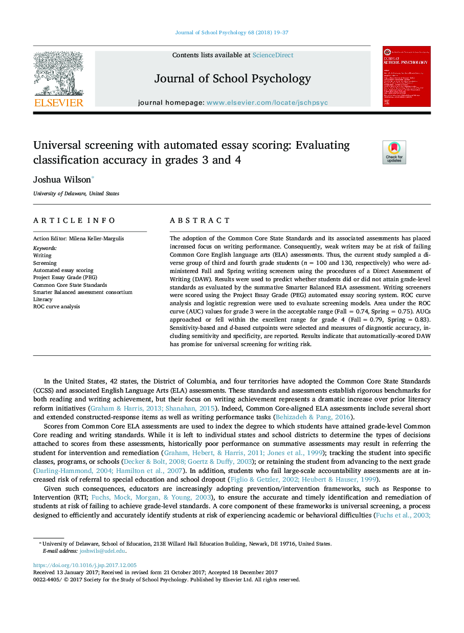 Universal screening with automated essay scoring: Evaluating classification accuracy in grades 3 and 4