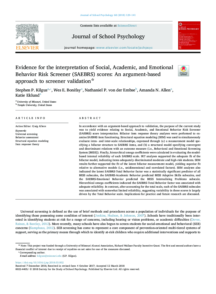 Evidence for the interpretation of Social, Academic, and Emotional Behavior Risk Screener (SAEBRS) scores: An argument-based approach to screener validation