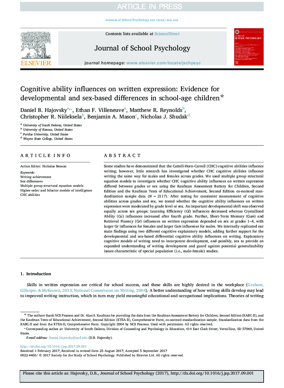 Cognitive ability influences on written expression: Evidence for developmental and sex-based differences in school-age children