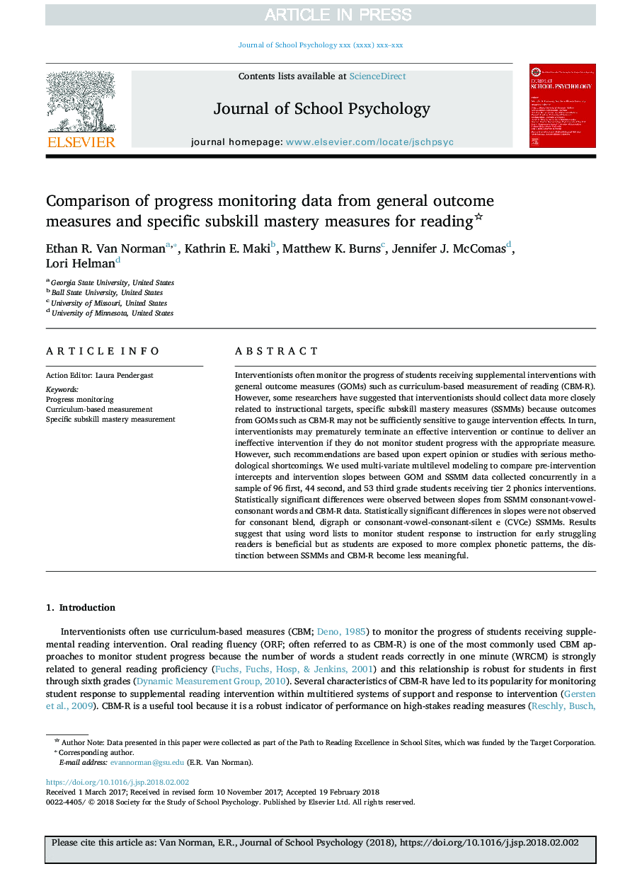 Comparison of progress monitoring data from general outcome measures and specific subskill mastery measures for reading