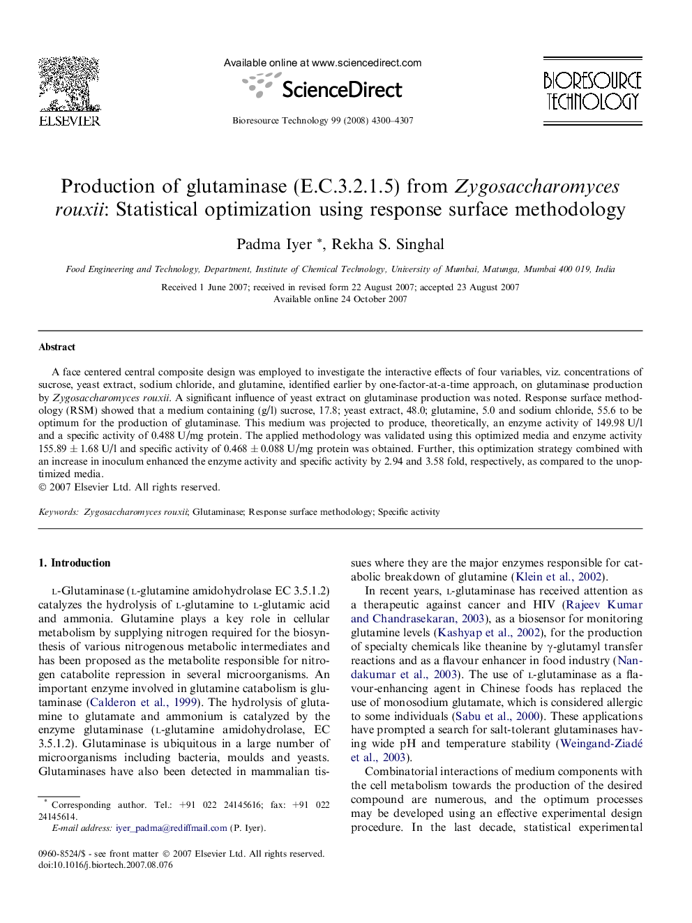 Production of glutaminase (E.C.3.2.1.5) from Zygosaccharomyces rouxii: Statistical optimization using response surface methodology