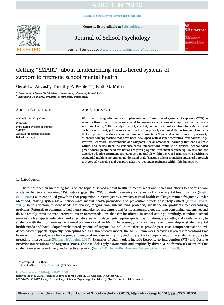 GettingÂ “SMART” about implementing multi-tiered systems of support to promote school mental health