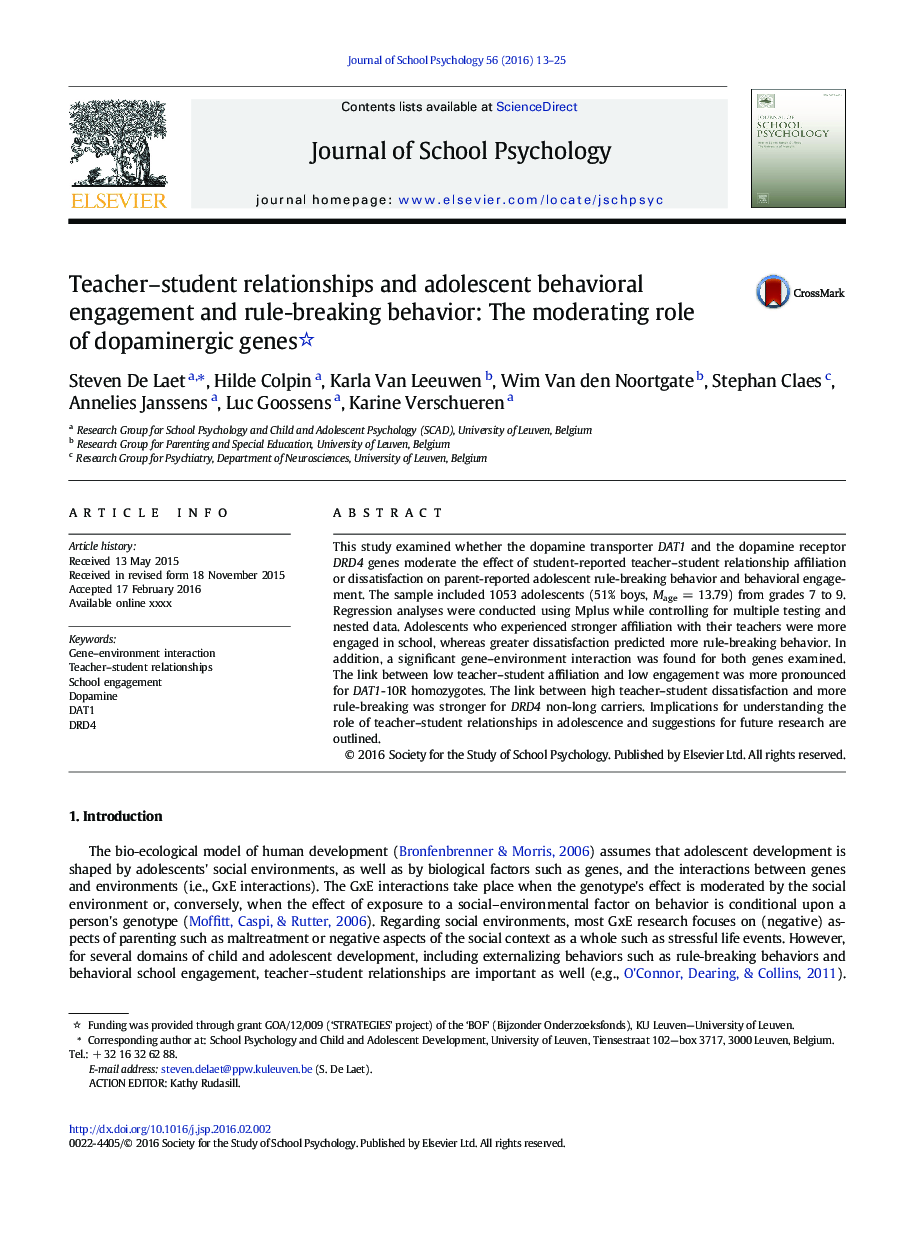 Teacher-student relationships and adolescent behavioral engagement and rule-breaking behavior: The moderating role of dopaminergic genes
