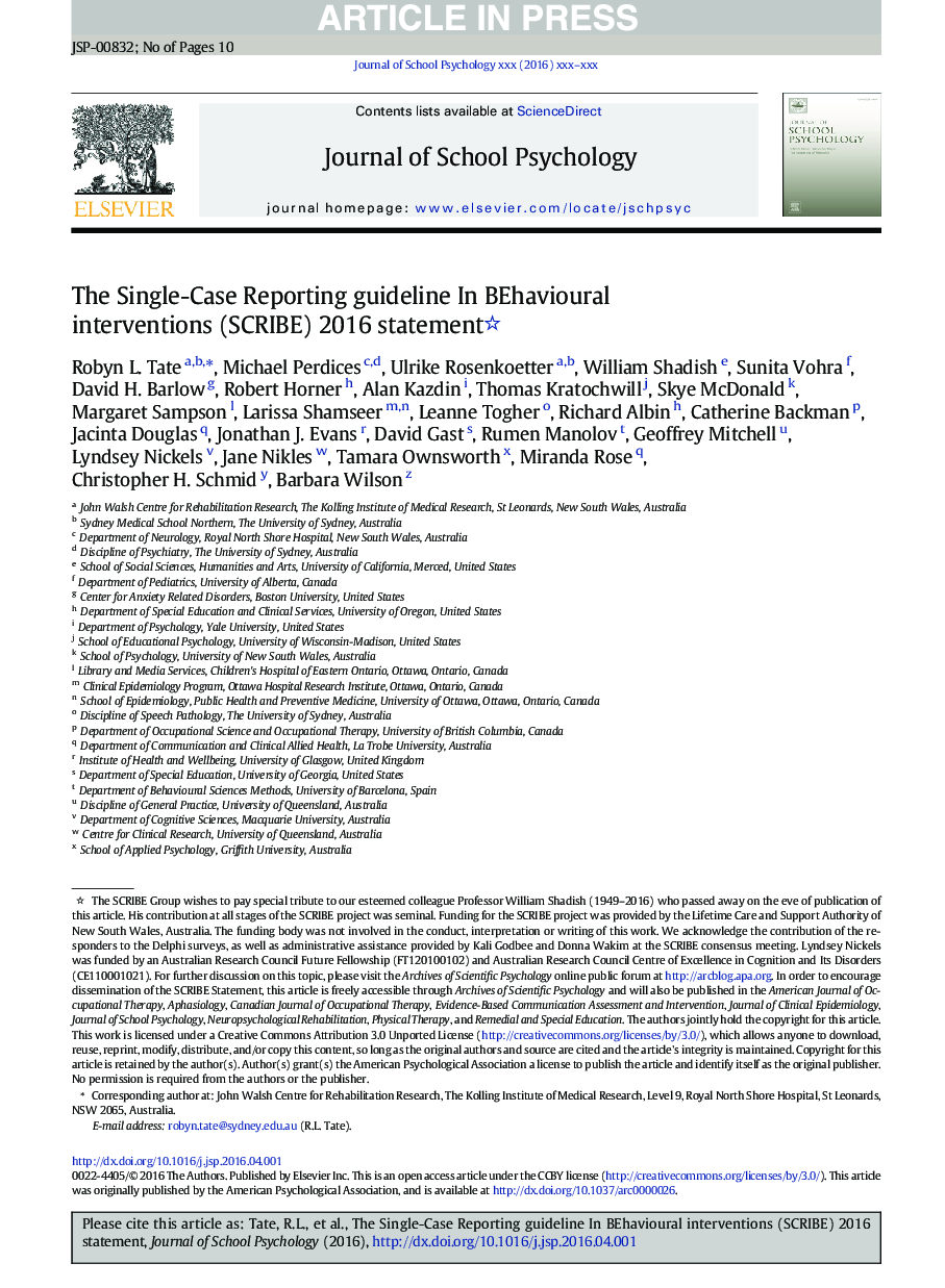 عکس صفحه اول مقاله: The Single-Case Reporting guideline In BEhavioural interventions (SCRIBE) 2016 statement The Single-Case Reporting guideline In BEhavioural interventions (SCRIBE) 2016 statement
