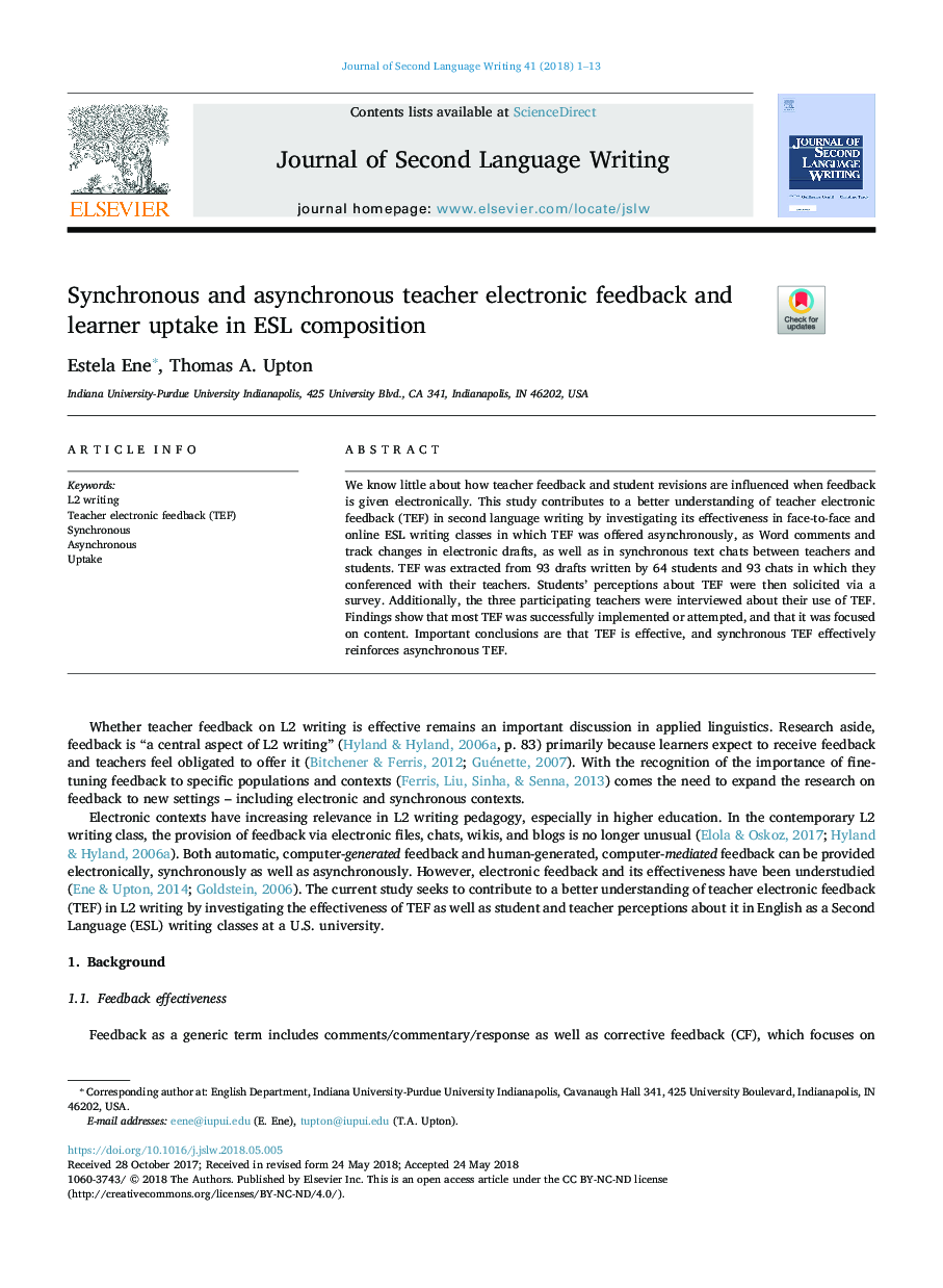 Synchronous and asynchronous teacher electronic feedback and learner uptake in ESL composition