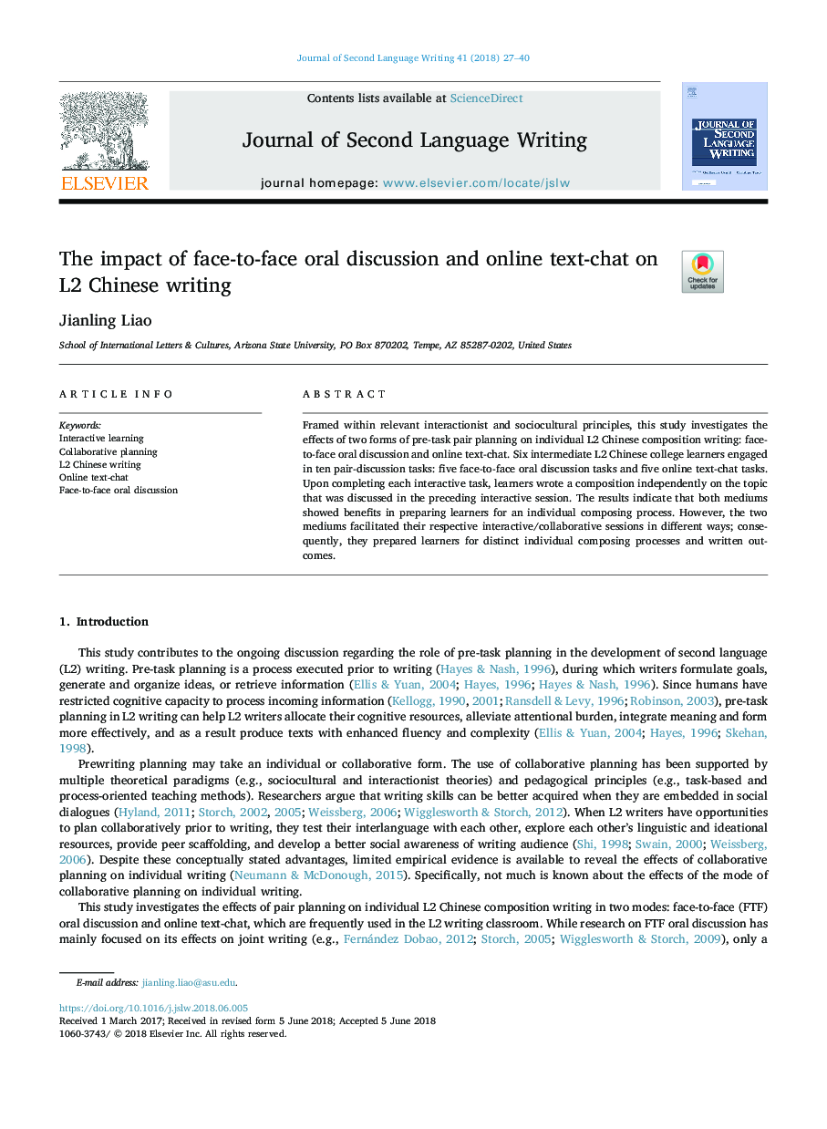 The impact of face-to-face oral discussion and online text-chat on L2 Chinese writing