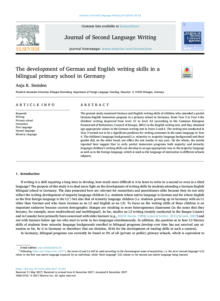 The development of German and English writing skills in a bilingual primary school in Germany