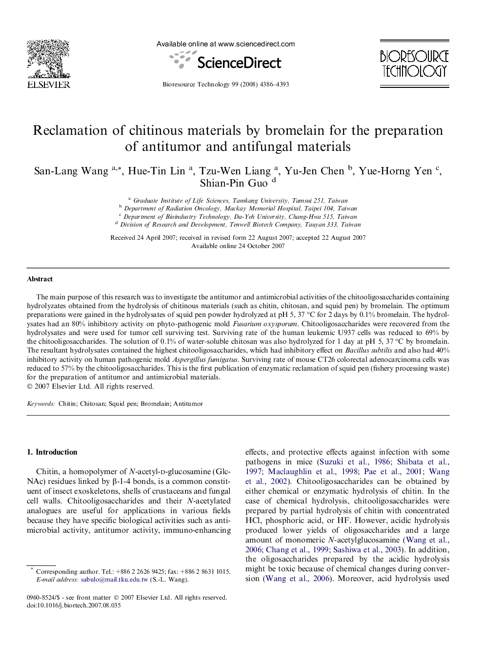 Reclamation of chitinous materials by bromelain for the preparation of antitumor and antifungal materials