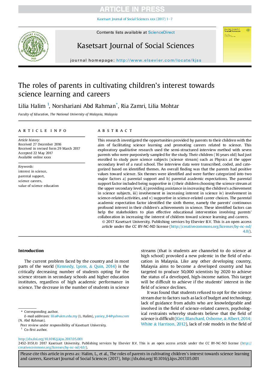 The roles of parents in cultivating children's interest towards science learning and careers