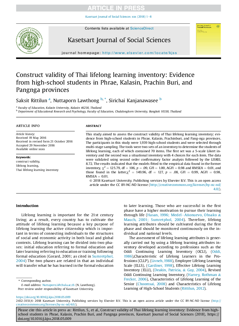 Construct validity of Thai lifelong learning inventory: Evidence from high-school students in Phrae, Kalasin, Prachin Buri, and Pangnga provinces