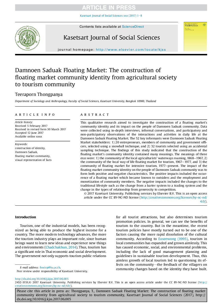 Damnoen Saduak Floating Market: The construction of floating market community identity from agricultural society to tourism community