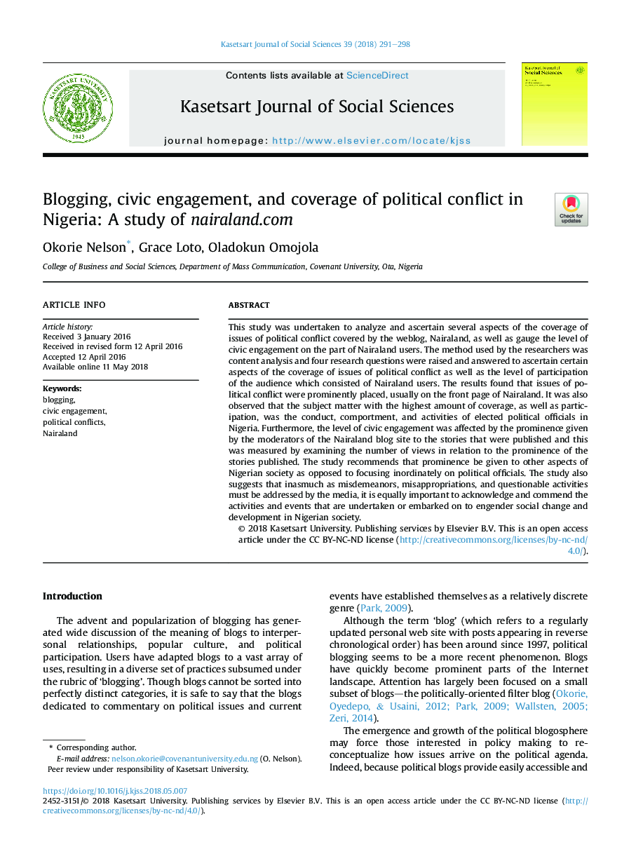 Blogging, civic engagement, and coverage of political conflict in Nigeria: A study of nairaland.com