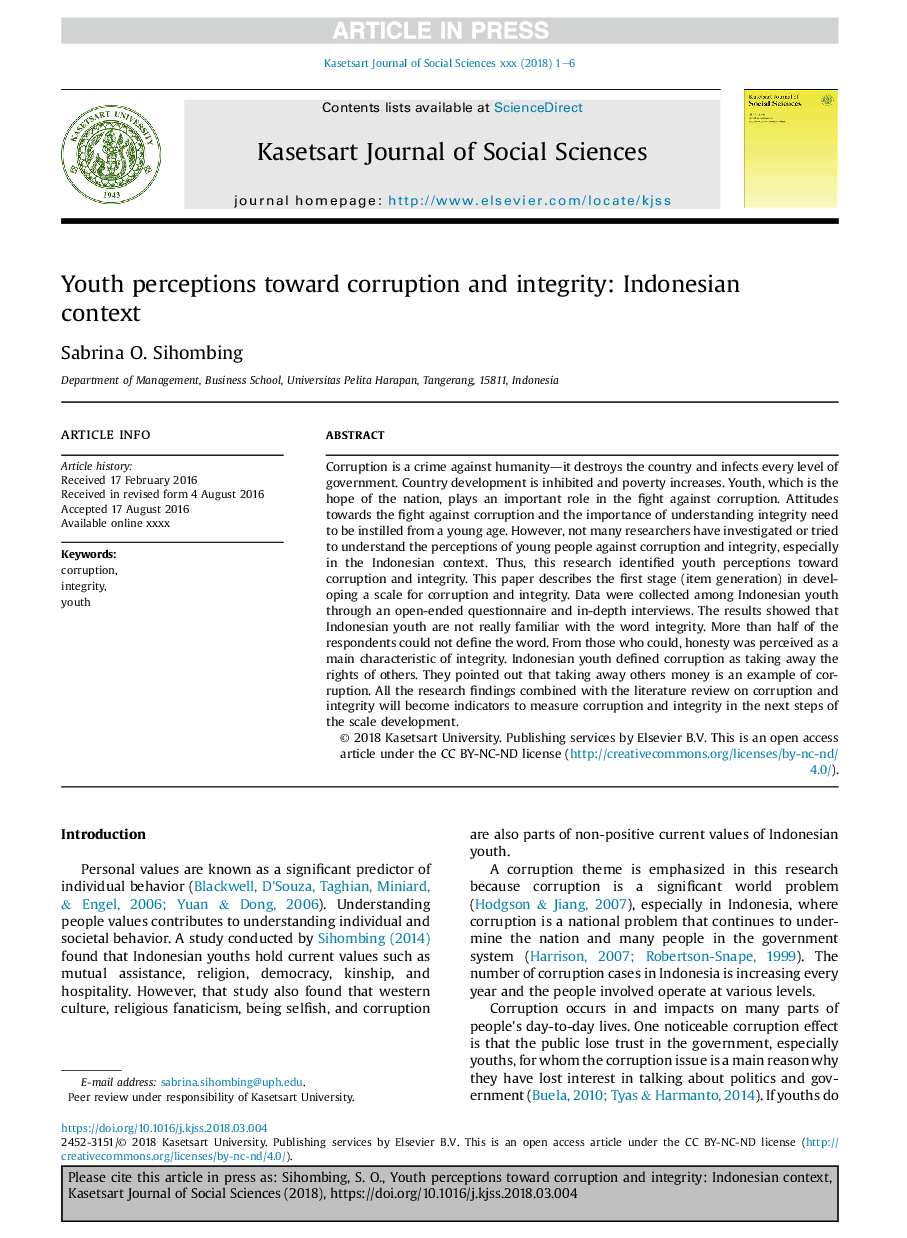 Youth perceptions toward corruption and integrity: Indonesian context