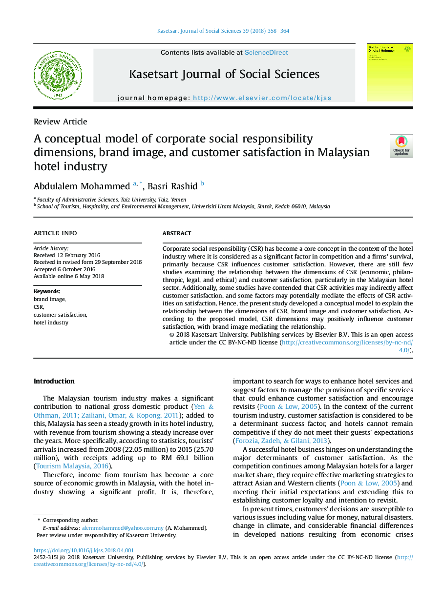 A conceptual model of corporate social responsibility dimensions, brand image, and customer satisfaction in Malaysian hotel industry