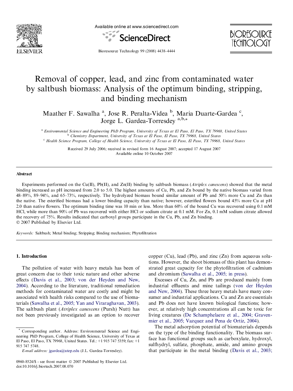 Removal of copper, lead, and zinc from contaminated water by saltbush biomass: Analysis of the optimum binding, stripping, and binding mechanism