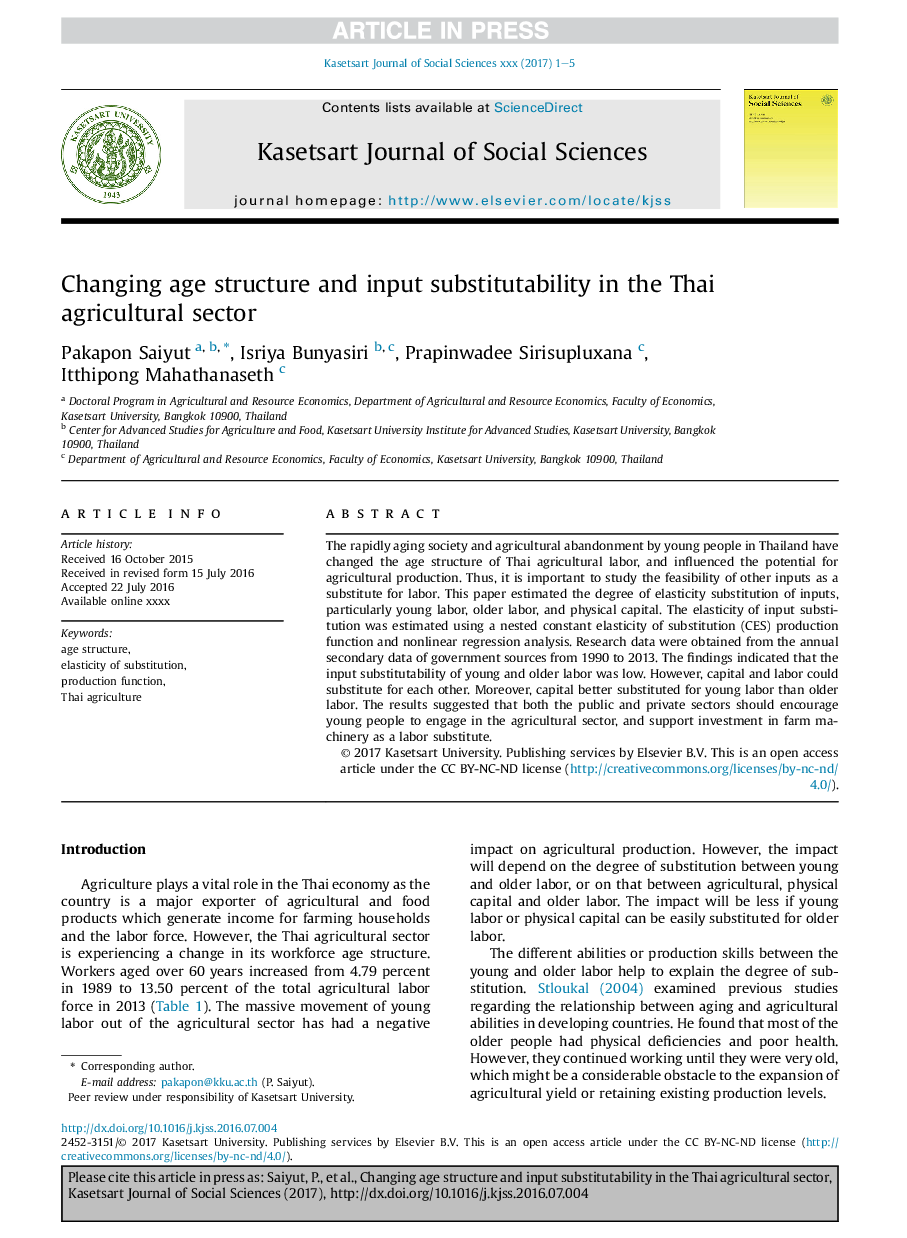 Changing age structure and input substitutability in the Thai agricultural sector