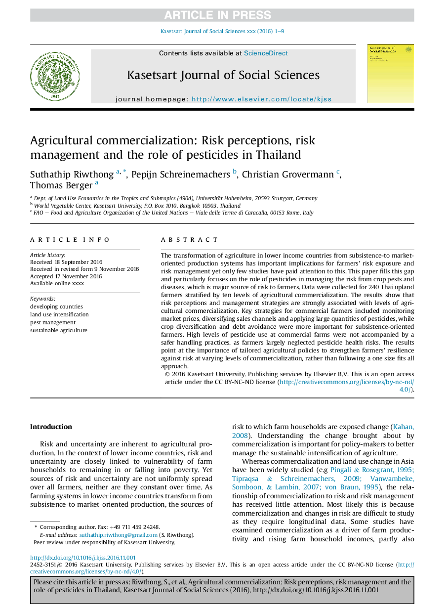 Agricultural commercialization: Risk perceptions, risk management and the role of pesticides in Thailand