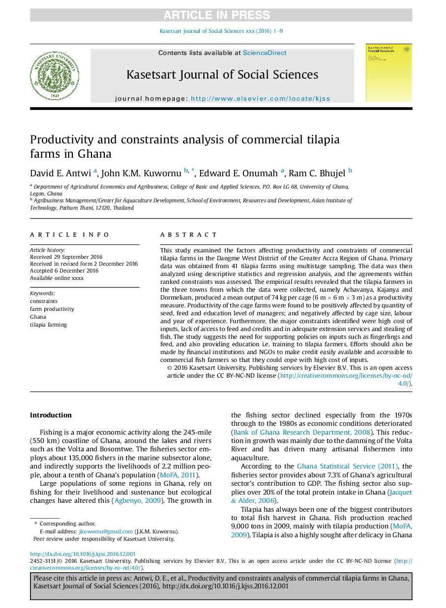 Productivity and constraints analysis of commercial tilapia farms in Ghana