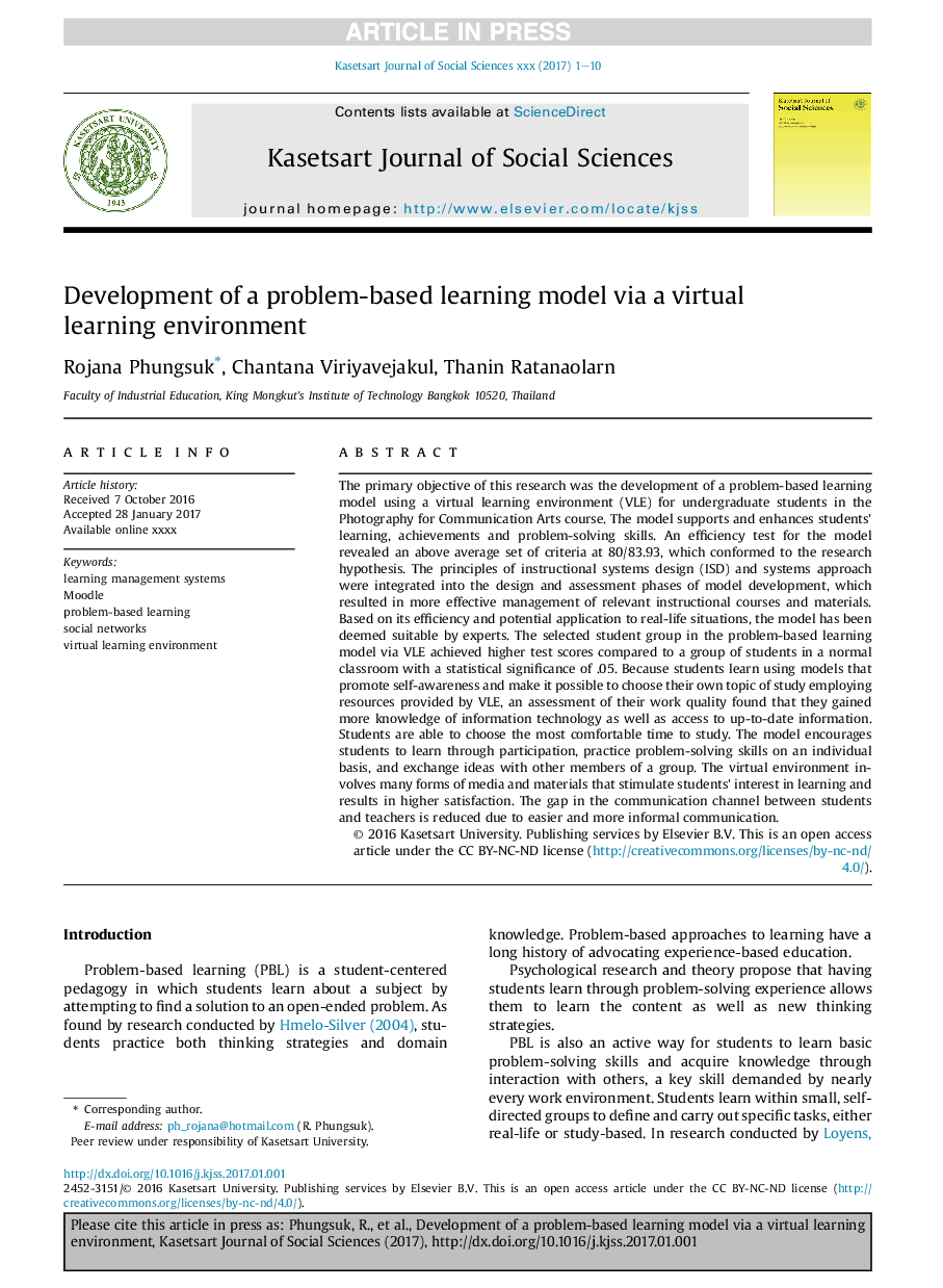 Development of a problem-based learning model via a virtual learning environment