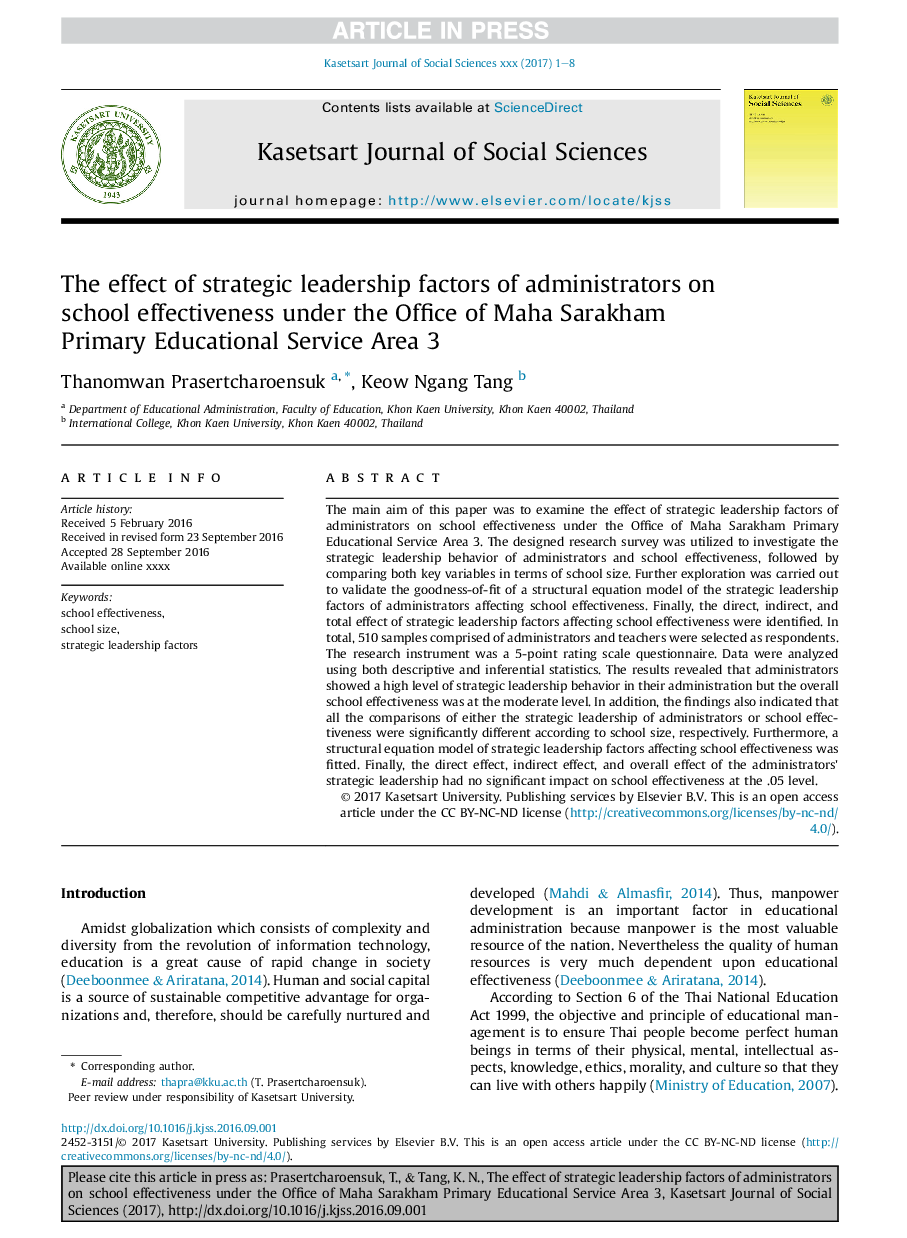 The effect of strategic leadership factors of administrators on school effectiveness under the Office of Maha Sarakham Primary Educational Service Area 3