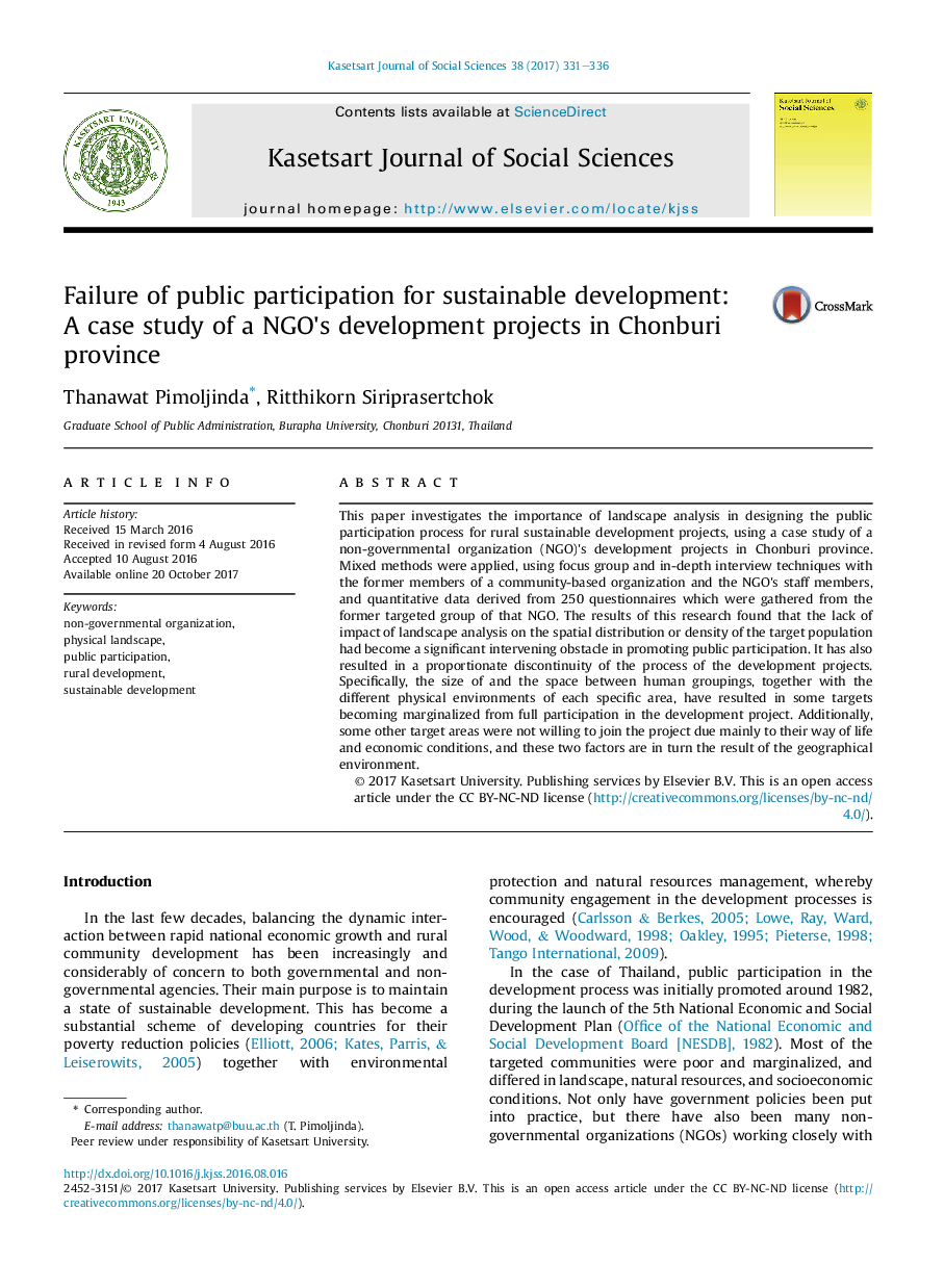 Failure of public participation for sustainable development: AÂ case study of a NGO's development projects in Chonburi province