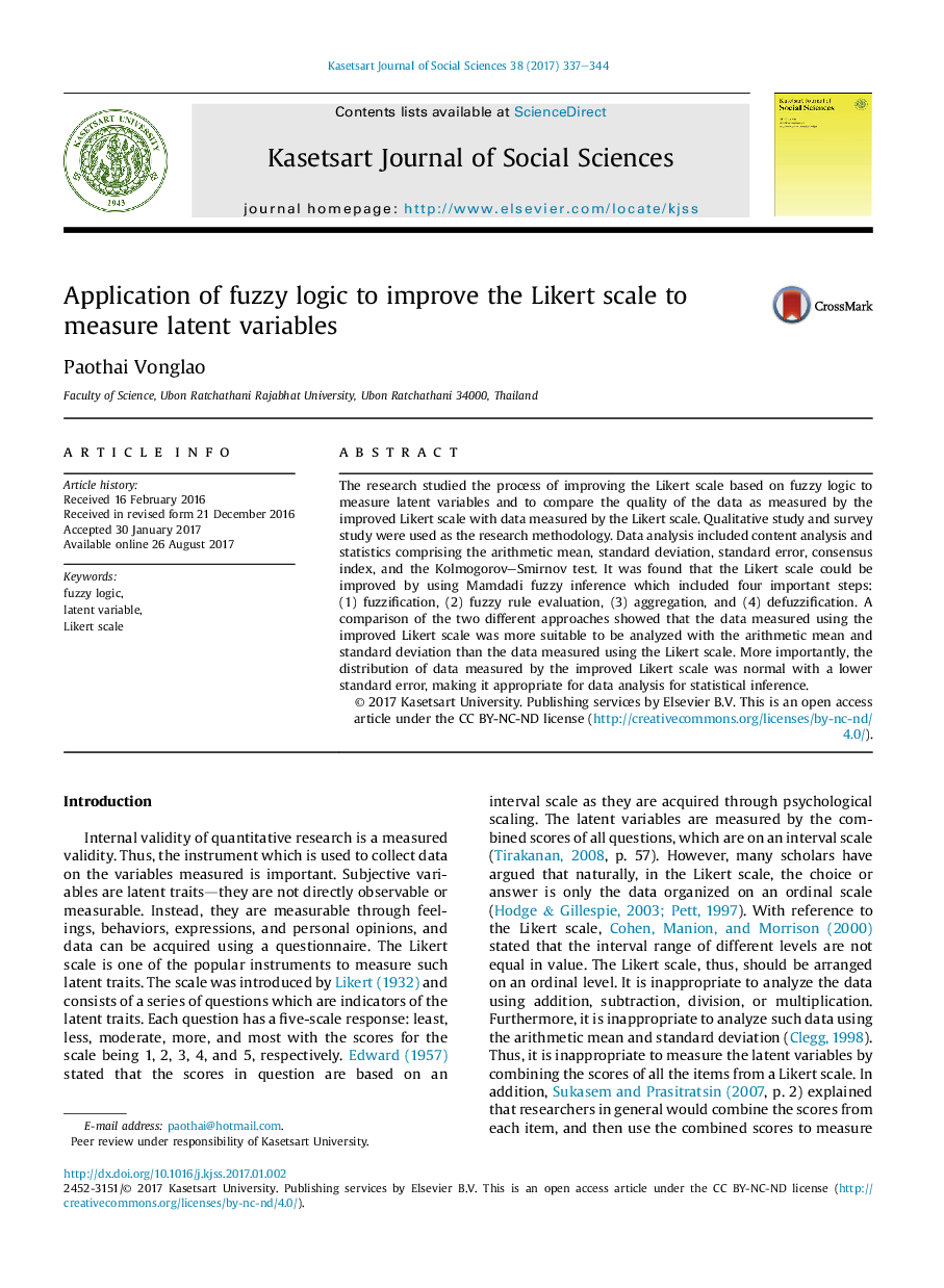 Application of fuzzy logic to improve the Likert scale to measure latent variables