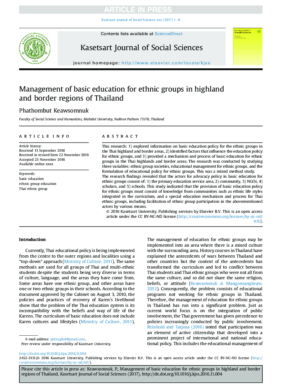 Management of basic education for ethnic groups in highland and border regions of Thailand