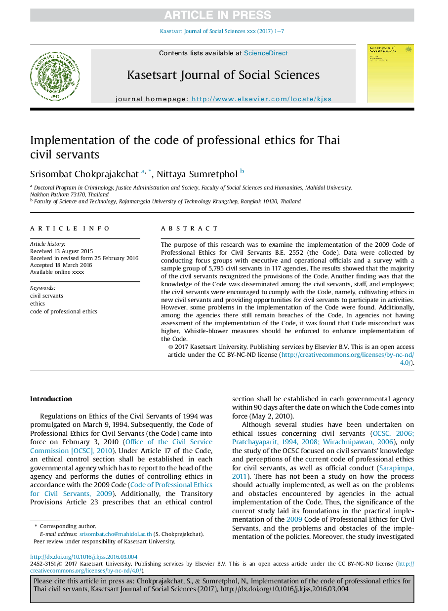 Implementation of the code of professional ethics for Thai civil servants