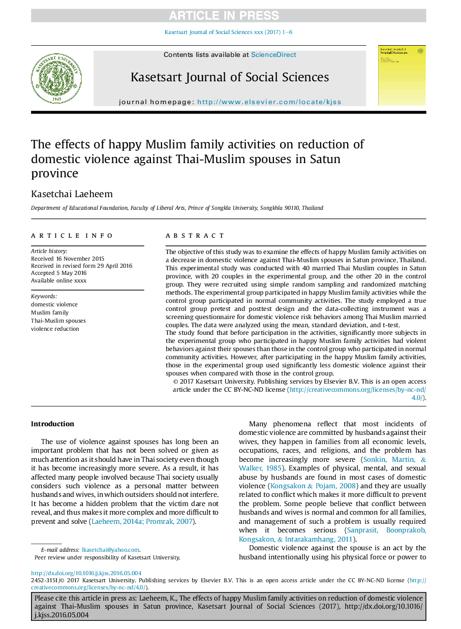 The effects of happy Muslim family activities on reduction of domestic violence against Thai-Muslim spouses in Satun province