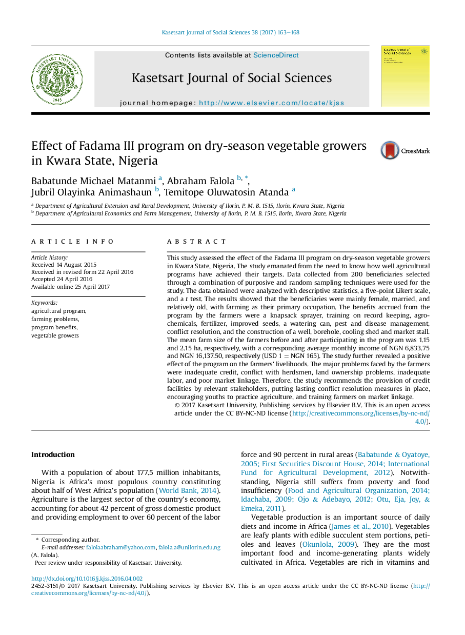 Effect of Fadama III program on dry-season vegetable growers in Kwara State, Nigeria