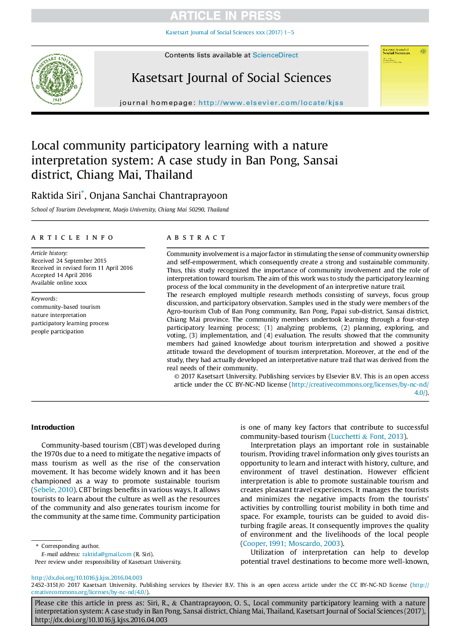 Local community participatory learning with a nature interpretation system: A case study in Ban Pong, Sansai district, Chiang Mai, Thailand