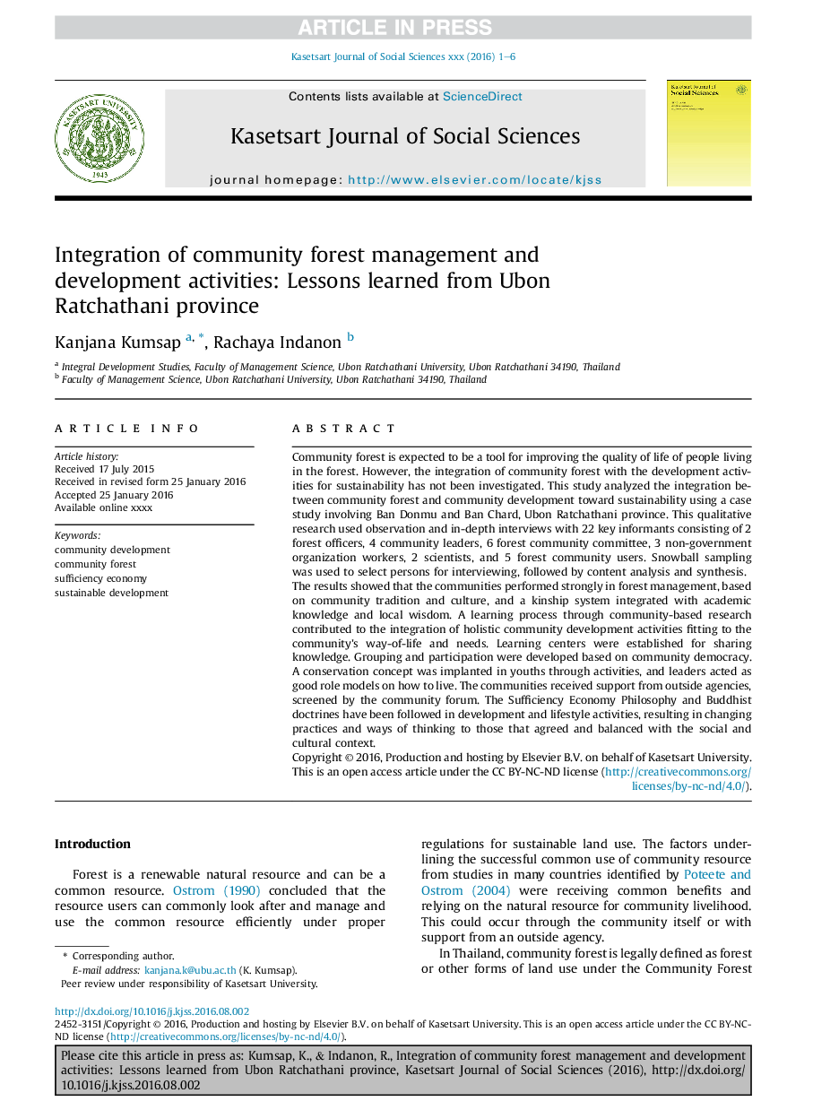 Integration of community forest management and development activities: Lessons learned from Ubon Ratchathani province