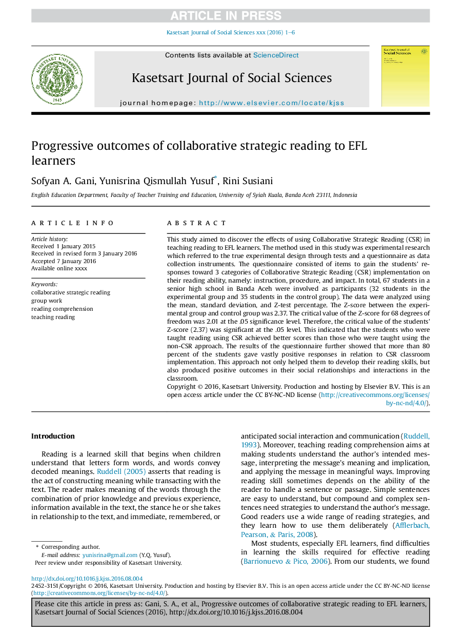 Progressive outcomes of collaborative strategic reading to EFL learners