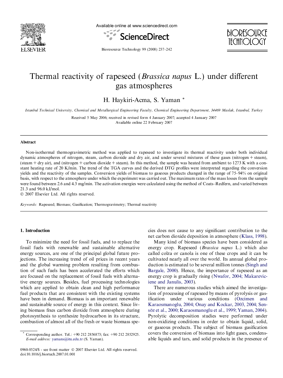 Thermal reactivity of rapeseed (Brassica napus L.) under different gas atmospheres