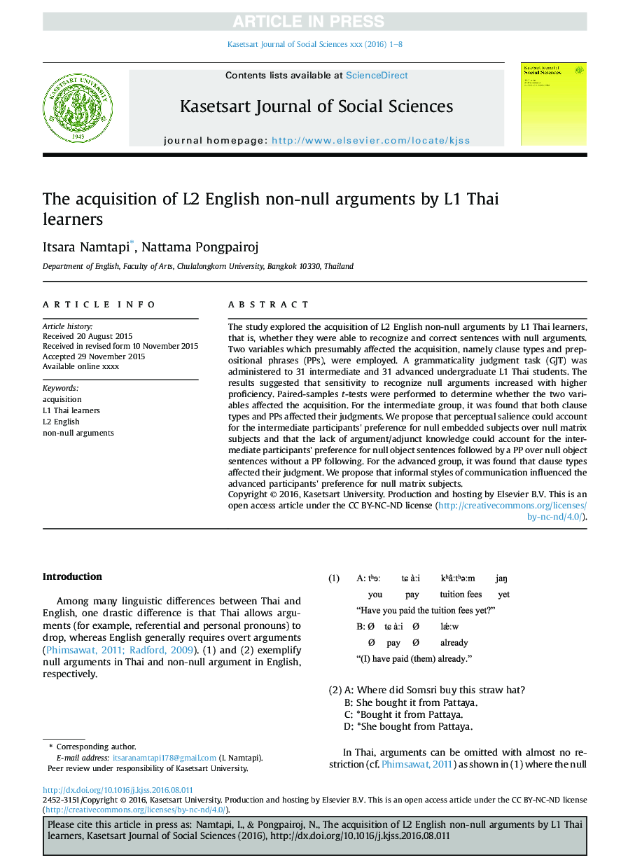 The acquisition of L2 English non-null arguments by L1 Thai learners