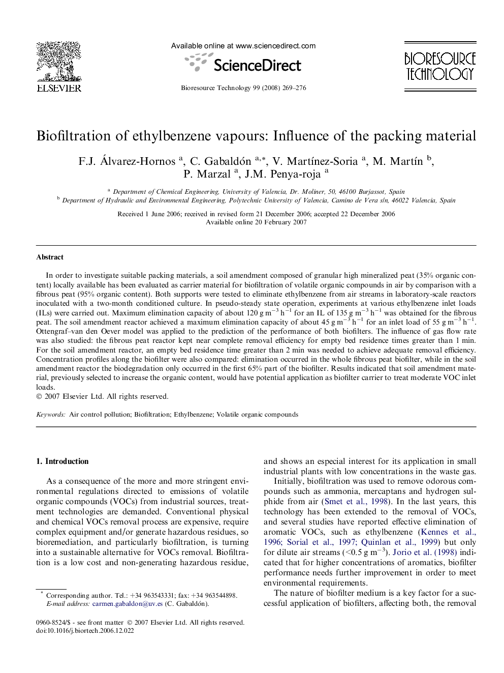 عکس صفحه اول مقاله: Biofiltration of ethylbenzene vapours: Influence of the packing material Biofiltration of ethylbenzene vapours: Influence of the packing material