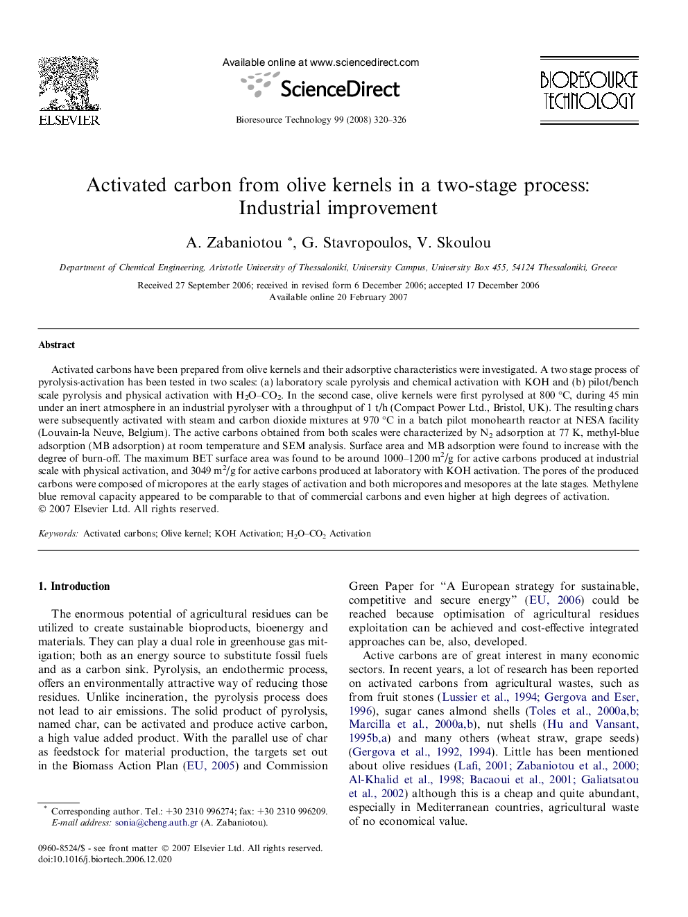 Activated carbon from olive kernels in a two-stage process: Industrial improvement