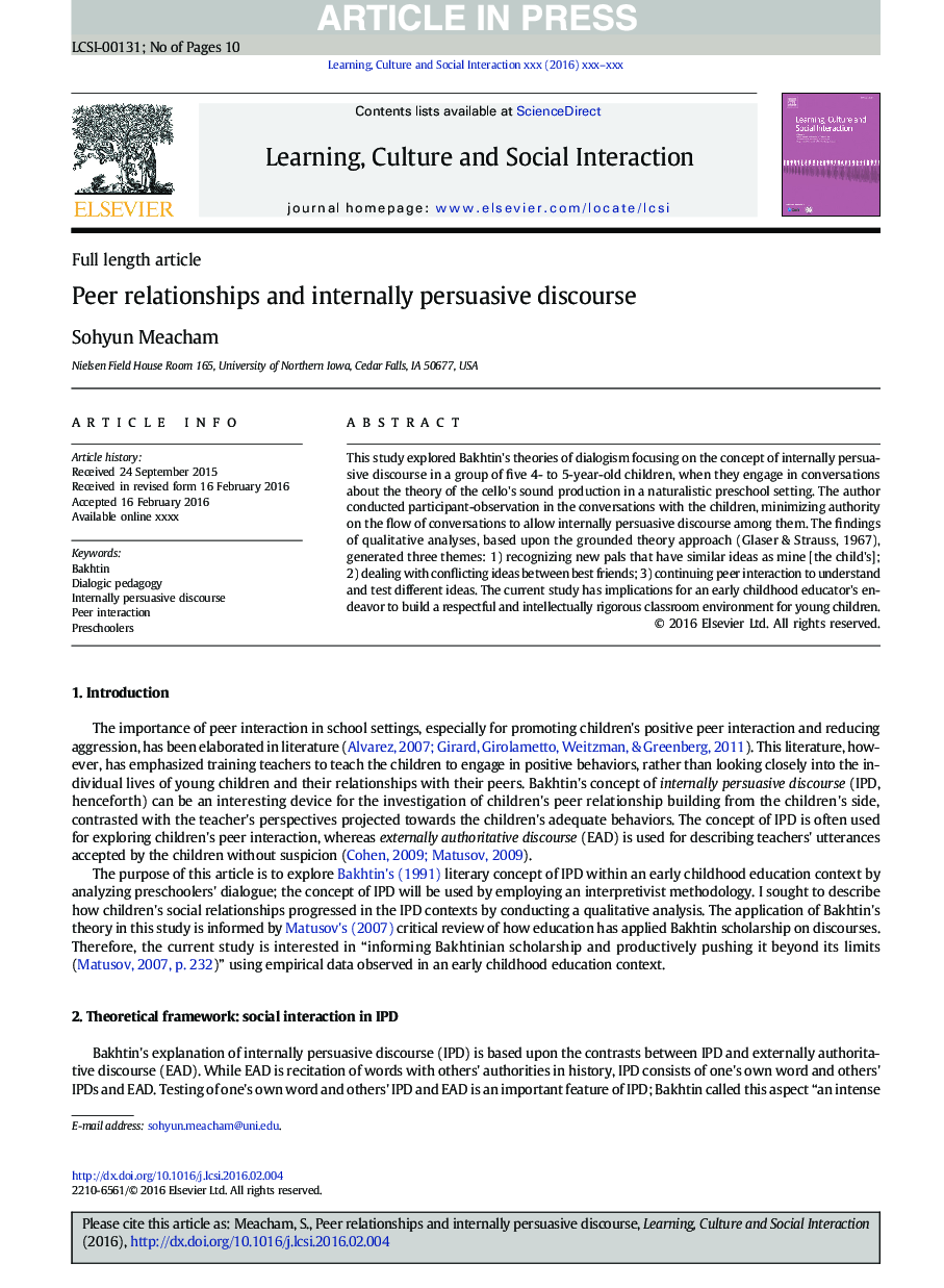 Peer relationships and internally persuasive discourse