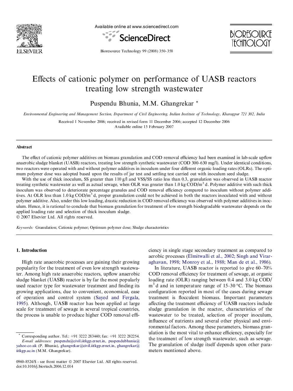 Effects of cationic polymer on performance of UASB reactors treating low strength wastewater