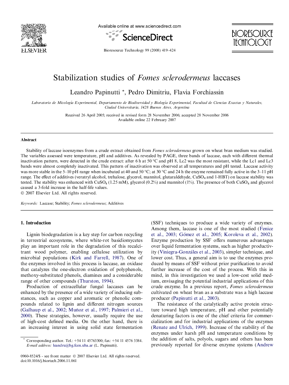 Stabilization studies of Fomes sclerodermeus laccases