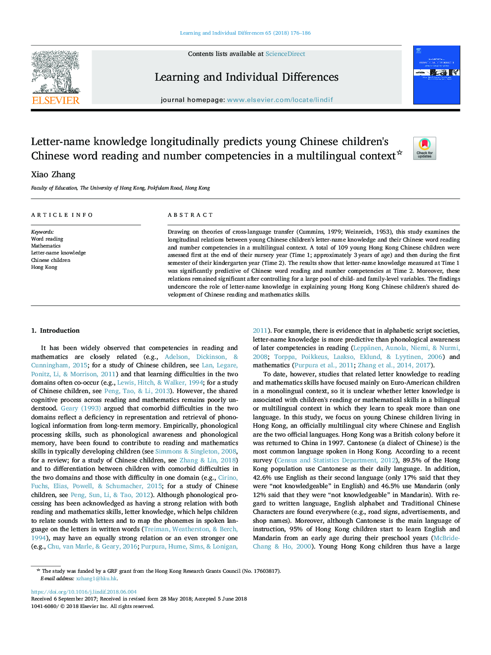 Letter-name knowledge longitudinally predicts young Chinese children's Chinese word reading and number competencies in a multilingual context