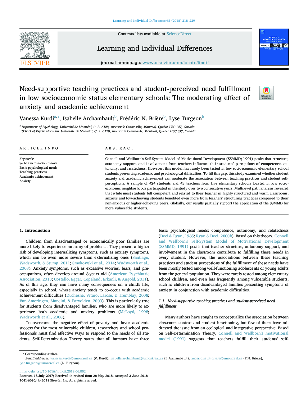 Need-supportive teaching practices and student-perceived need fulfillment in low socioeconomic status elementary schools: The moderating effect of anxiety and academic achievement