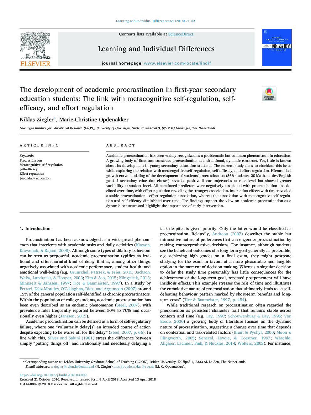 The development of academic procrastination in first-year secondary education students: The link with metacognitive self-regulation, self-efficacy, and effort regulation