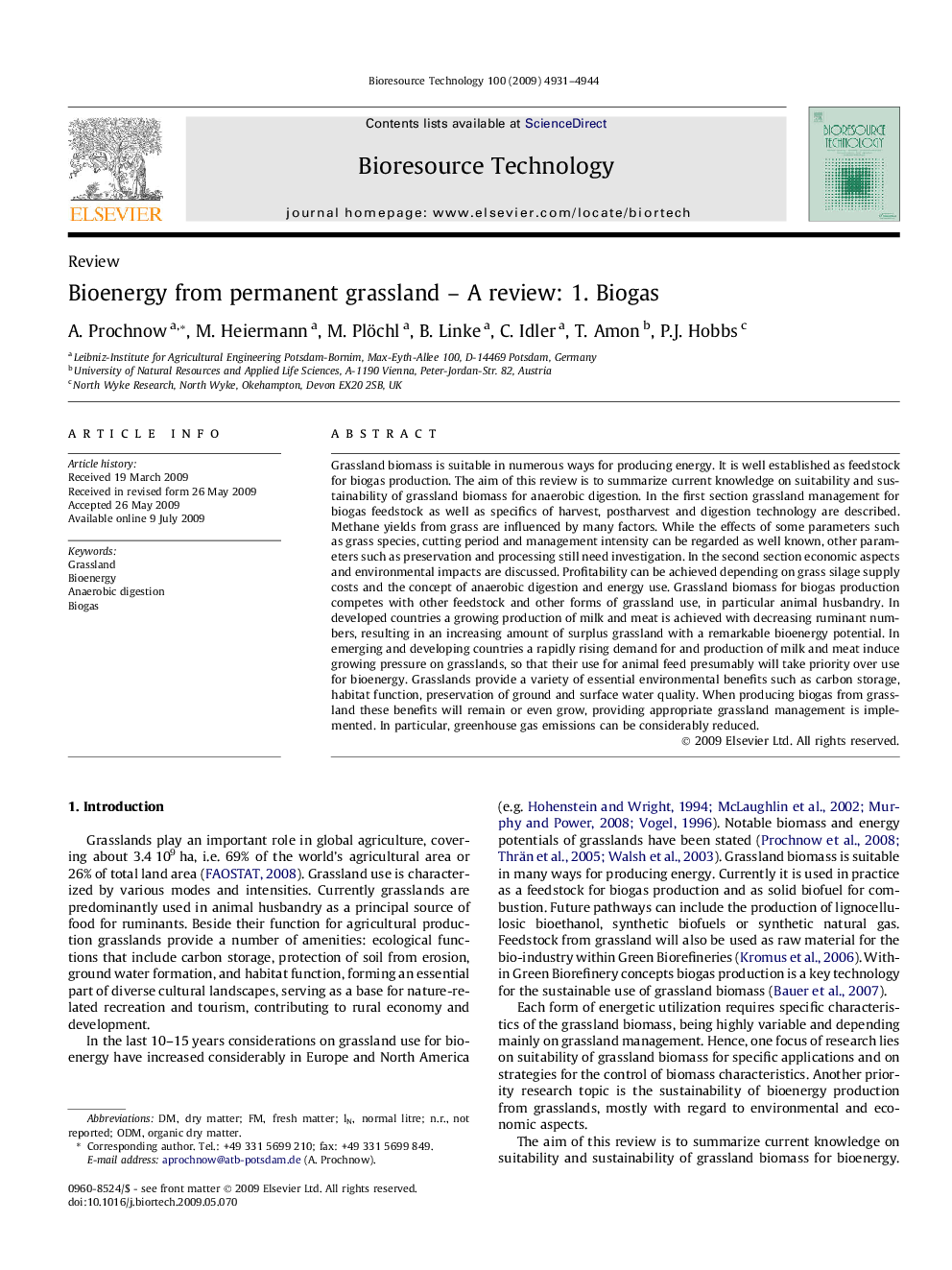 Bioenergy from permanent grassland – A review: 1. Biogas