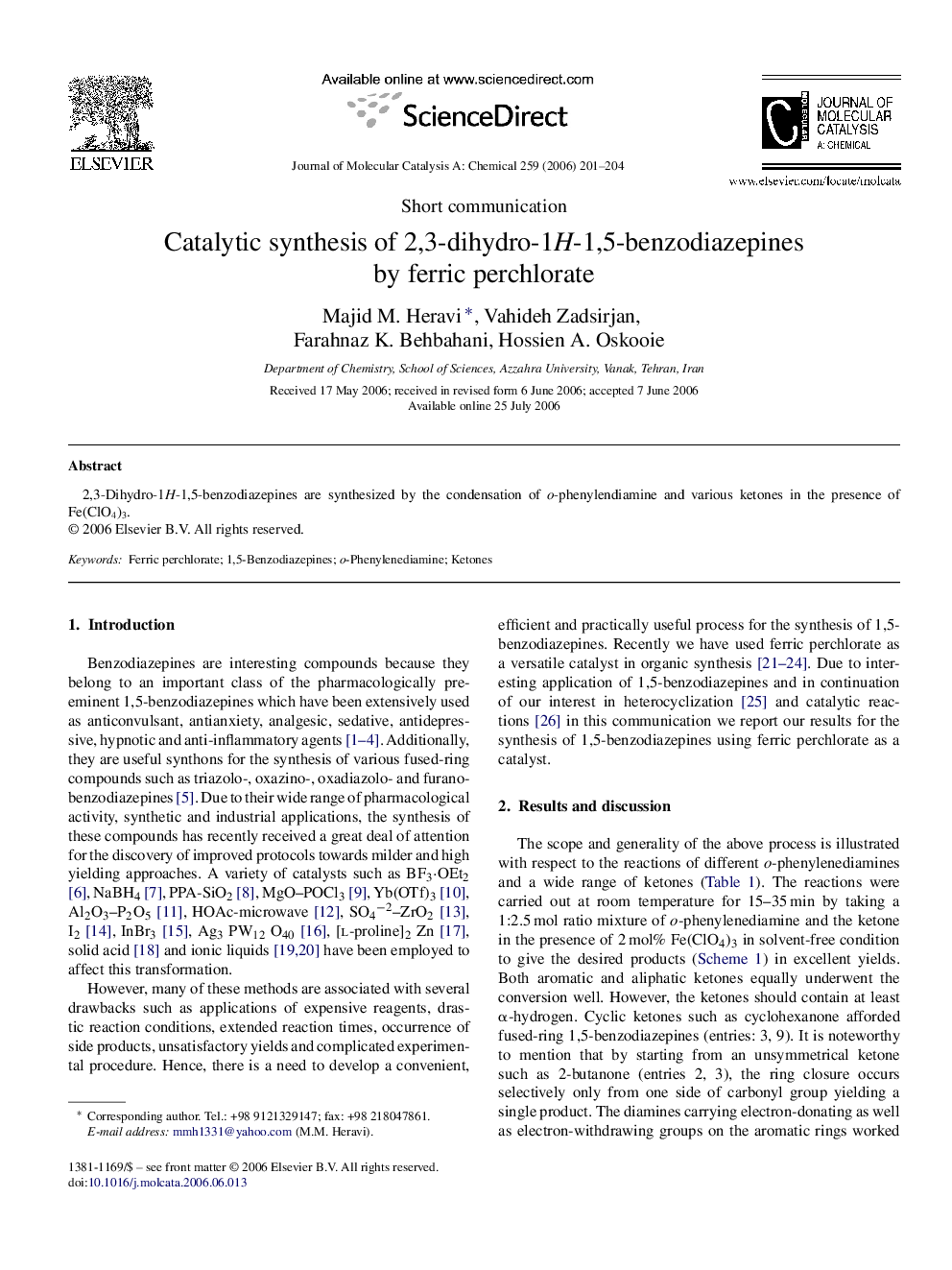 Catalytic synthesis of 2,3-dihydro-1H-1,5-benzodiazepines by ferric perchlorate